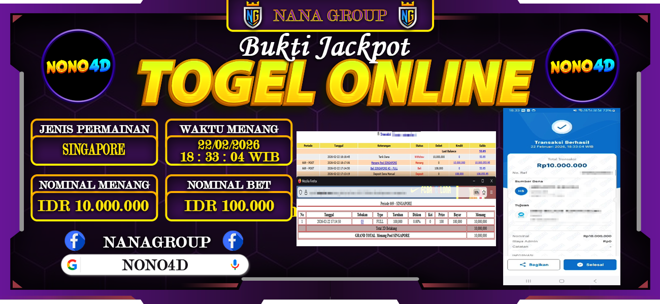 Bukti Kemenangan Besar Dibayar lunas Member NONO4D RP 10.000.000, 22 Februari 2026