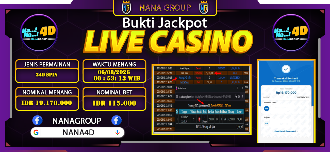 Bukti Kemenangan Besar Dibayar lunas Member NANA4D RP 19.170.000, 6 Agustus 2026